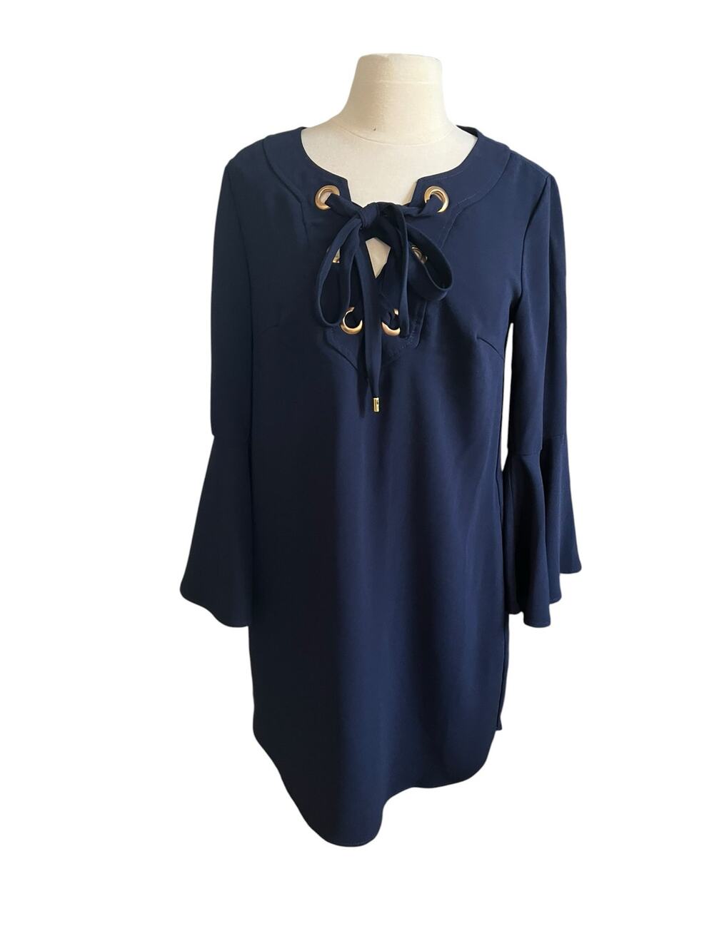 Trina Turk Xandra Dress Navy Blue Bell Sleeves Tie Neckline Size 2 (Read) NWT
